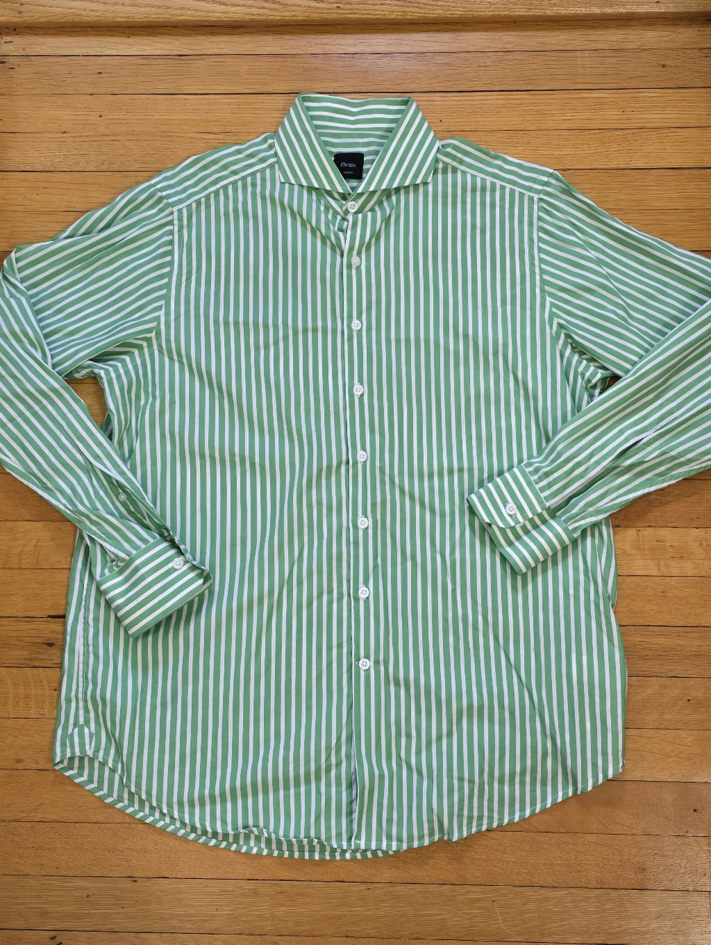 Brisk, Egyptian Bengal Stripes Long Sleeve Shirt, Green, EUC, Men's 16/Regular